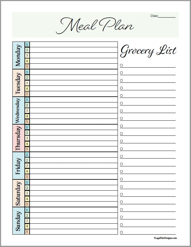 Meal Plan and Grocery List Blank PDF