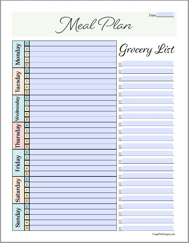 Meal Plan and Grocery List Editable PDF – Frugal Fitz Designs