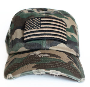 USA Embroidered Distressed Woodland Camo Vintage Baseball Hat